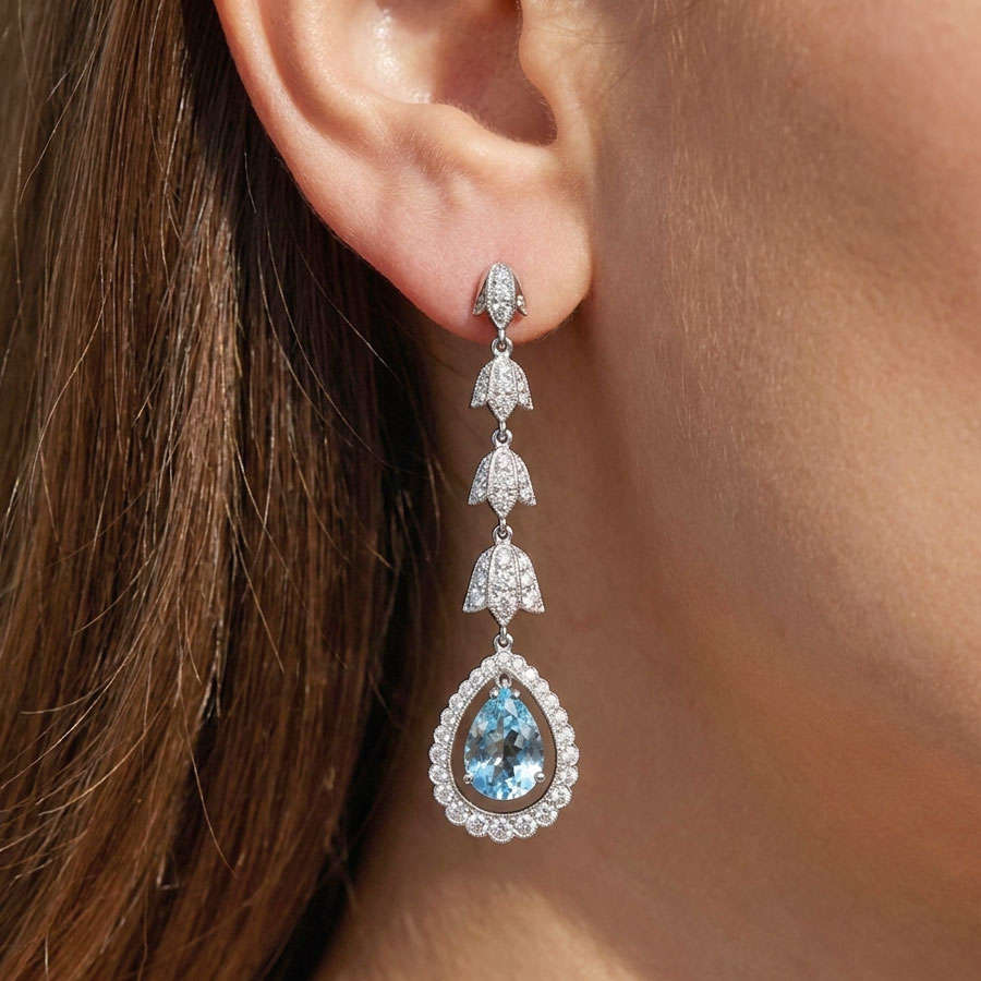 18ct White Gold Aquamarine and Diamond Pair Drop Earrings