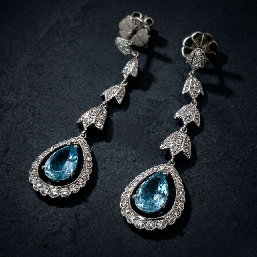 18ct White Gold Aquamarine and Diamond Pair Drop Earrings