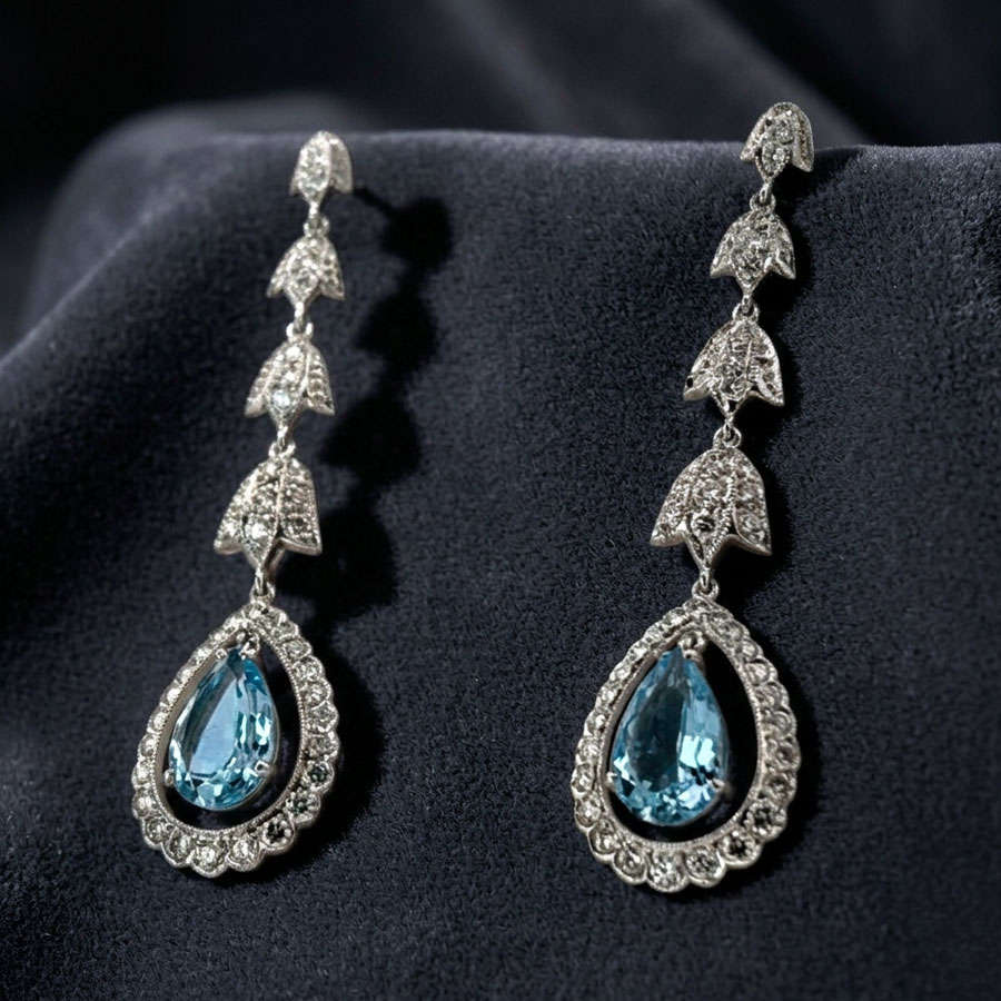 18ct White Gold Aquamarine and Diamond Pair Drop Earrings