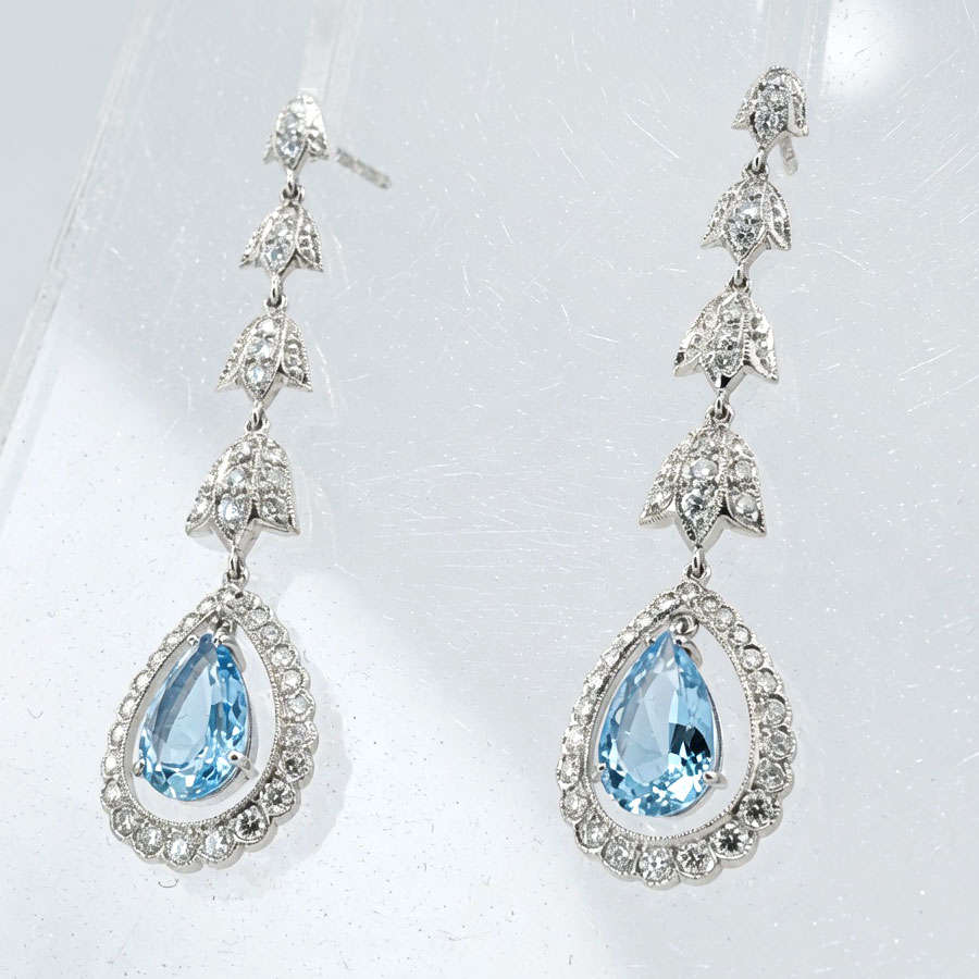 18ct White Gold Aquamarine and Diamond Pair Drop Earrings