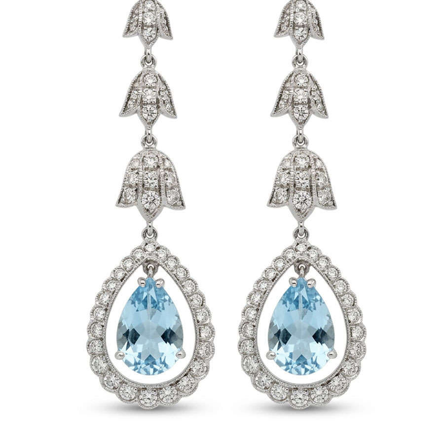 18ct White Gold Aquamarine and Diamond Pair Drop Earrings