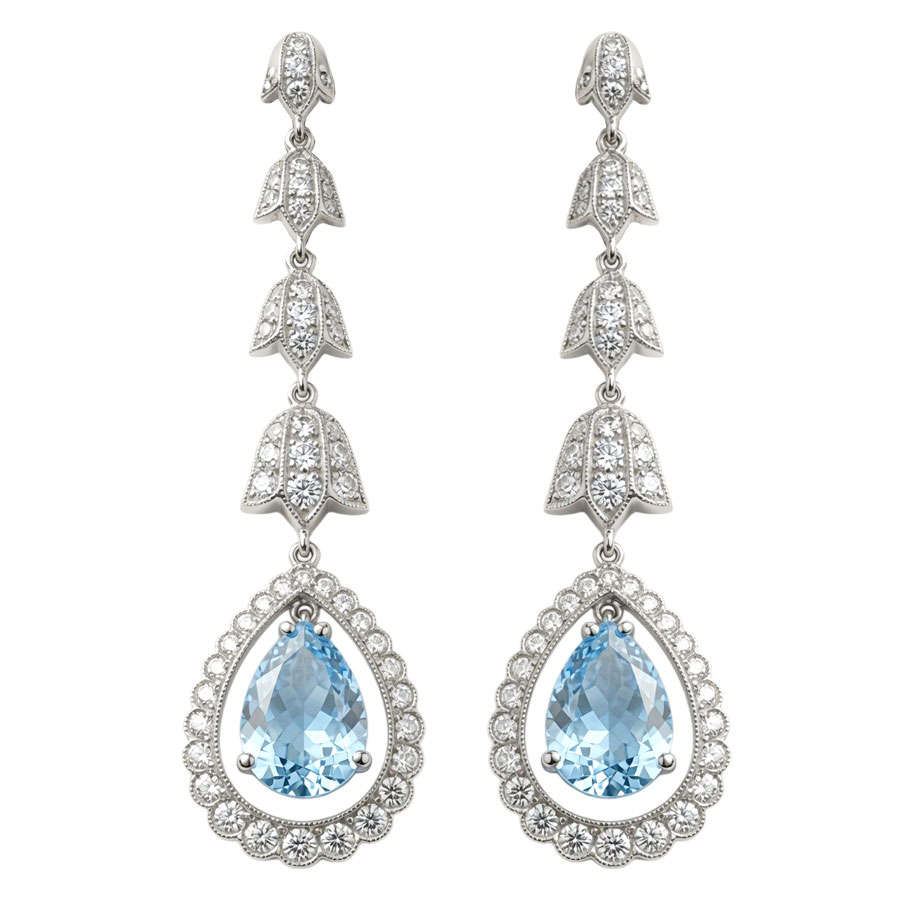 18ct White Gold Aquamarine and Diamond Pair Drop Earrings