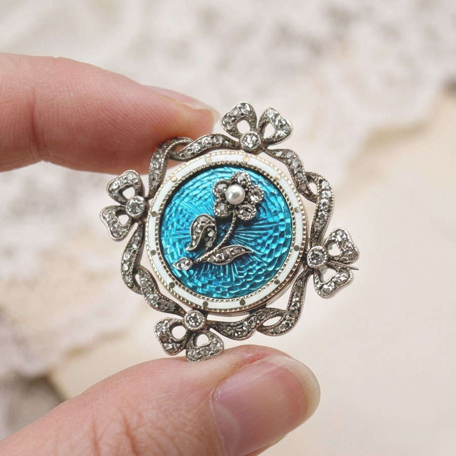 9ct Gold Victorian Remembrance Brooch Turquoise Guilloche Enamel and Diamonds