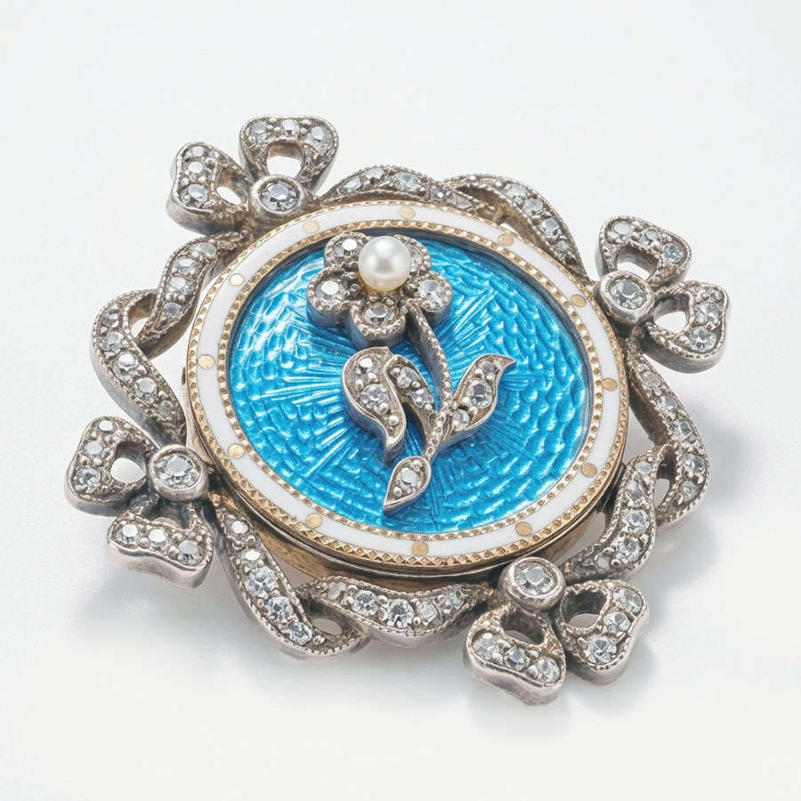 9ct Gold Victorian Remembrance Brooch Turquoise Guilloche Enamel and Diamonds
