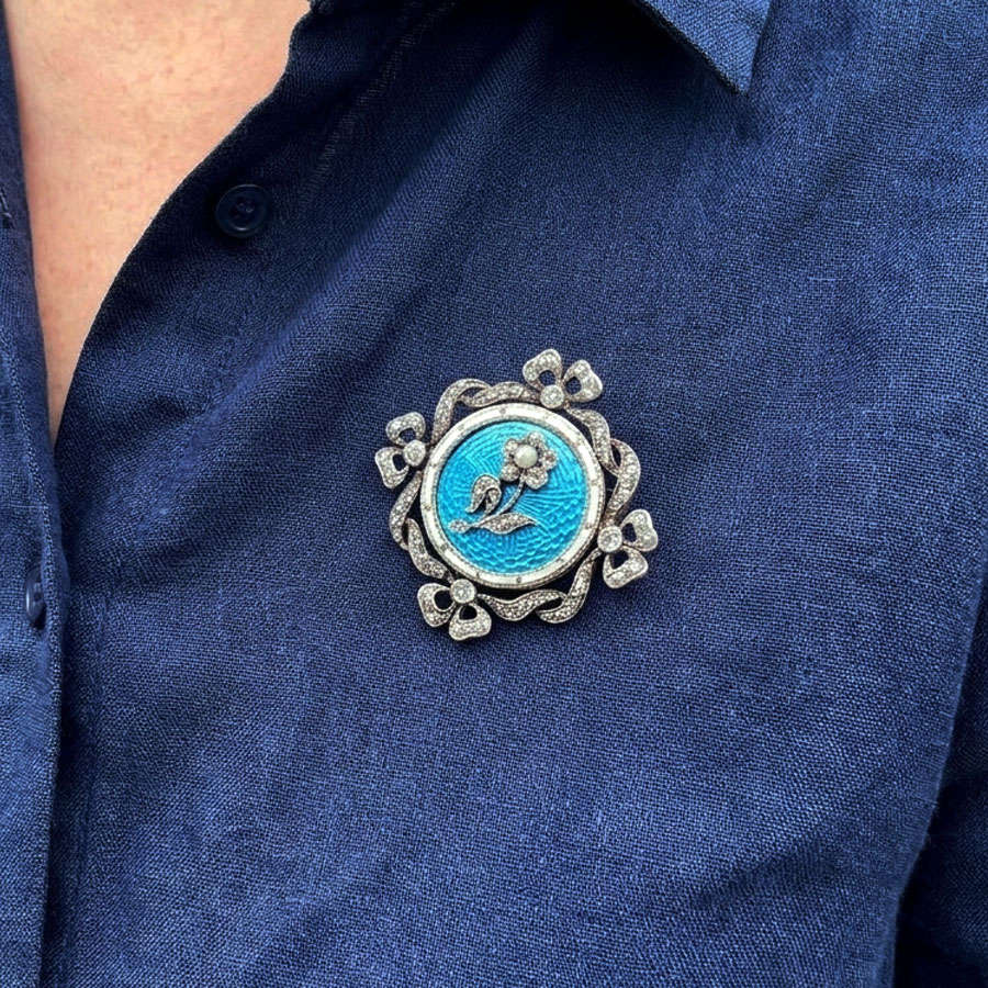 9ct Gold Victorian Remembrance Brooch Turquoise Guilloche Enamel and Diamonds