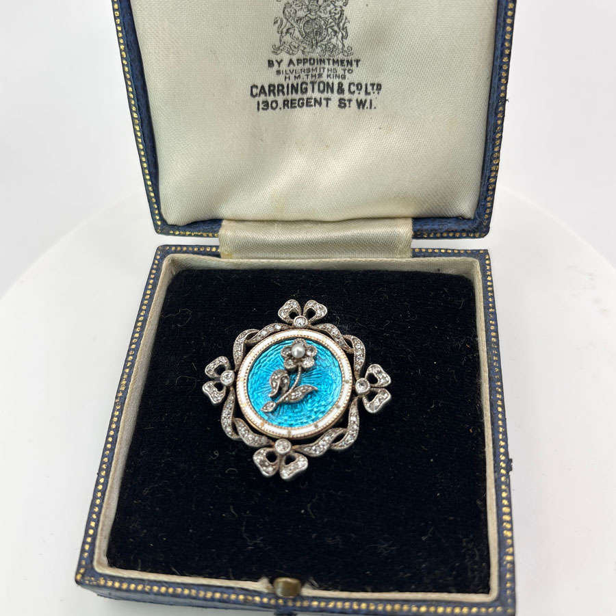 9ct Gold Victorian Remembrance Brooch Turquoise Guilloche Enamel and Diamonds