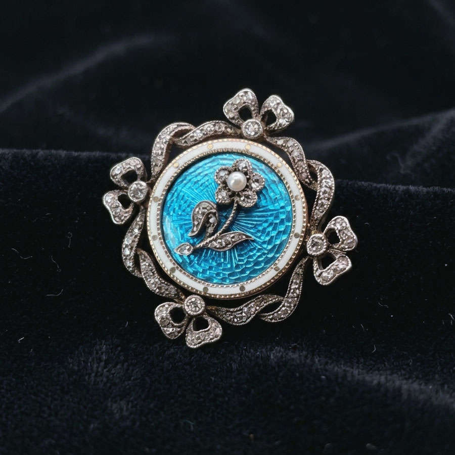 9ct Gold Victorian Remembrance Brooch Turquoise Guilloche Enamel and Diamonds