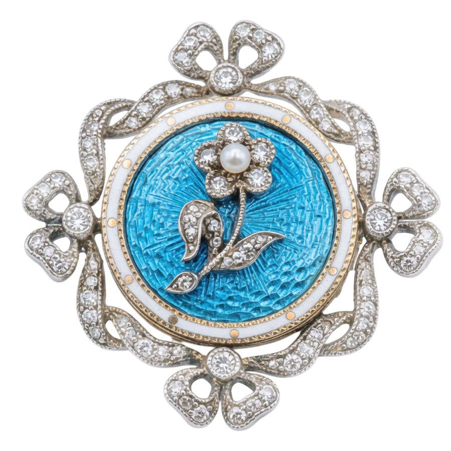 9ct Gold Victorian Remembrance Brooch Turquoise Guilloche Enamel and Diamonds
