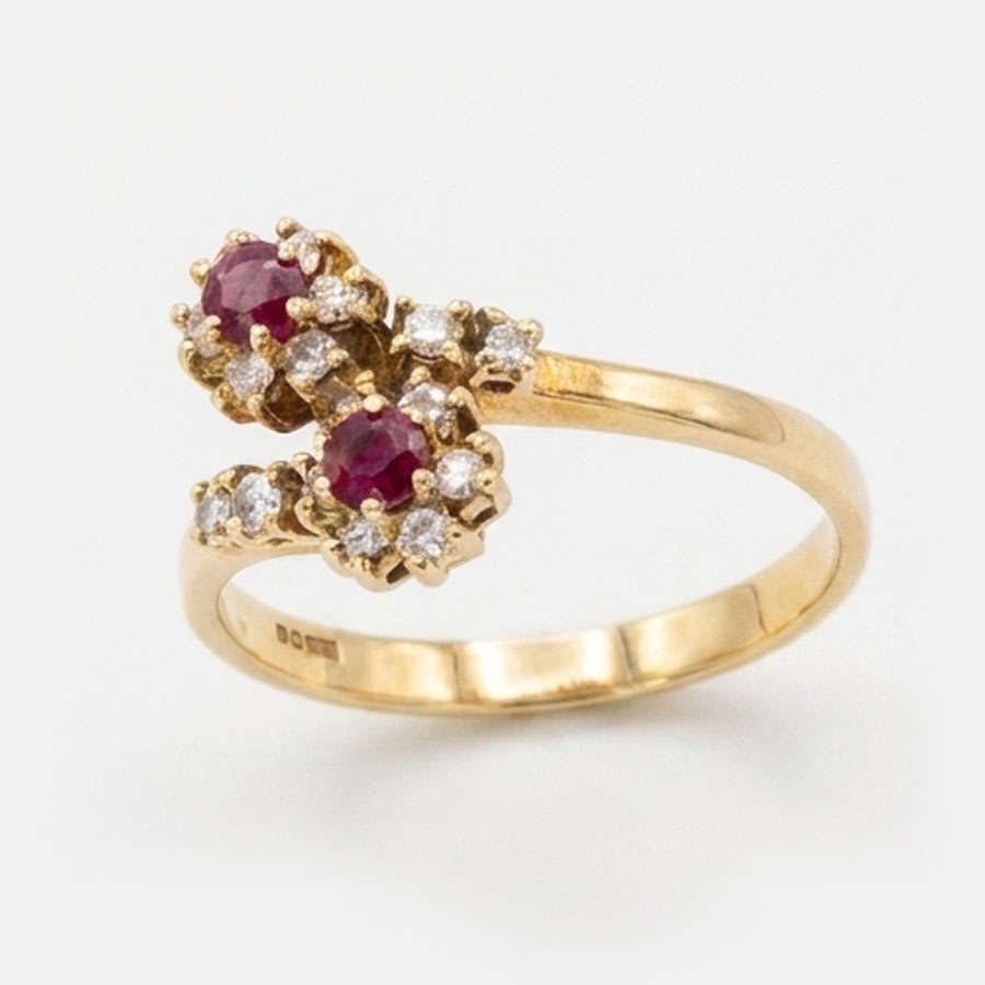 18ct Gold Ruby and Diamond Cross Over Ring