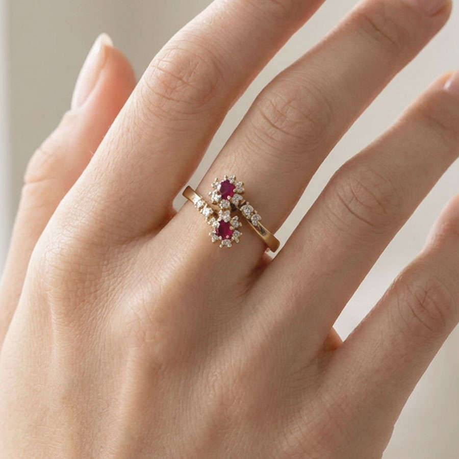 18ct Gold Ruby and Diamond Cross Over Ring