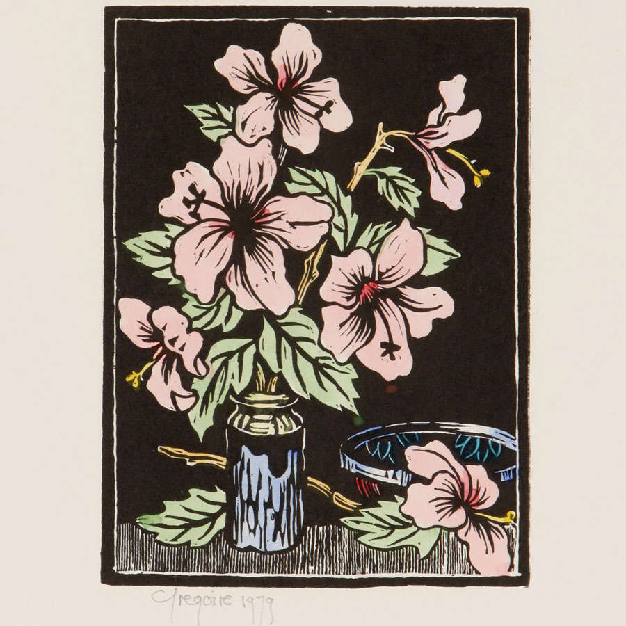 Gregoire Boonzaier Coloured Linocut Hibiscus (SA 1909 - 2005)