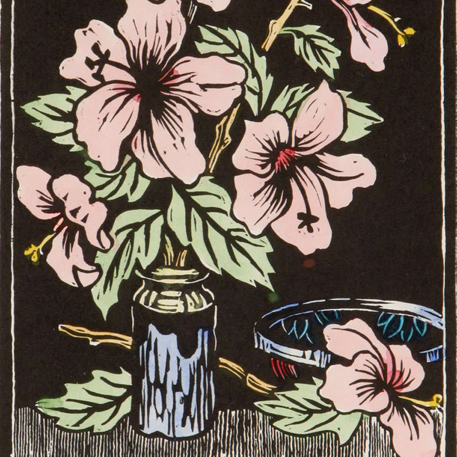 Gregoire Boonzaier Coloured Linocut Hibiscus (SA 1909 - 2005)