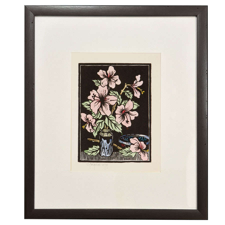 Gregoire Boonzaier Coloured Linocut Hibiscus (SA 1909 - 2005)