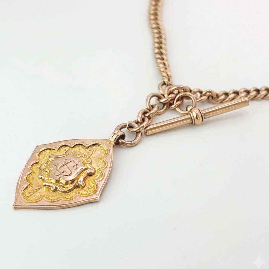 Victorian 9ct Rose Gold Fob Chain With TBar And Medallion