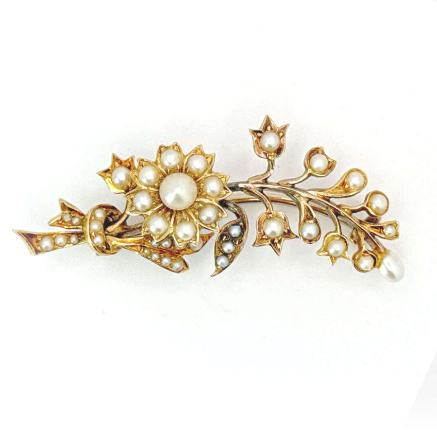 14k Gold Floral Seed Pearl Brooch
