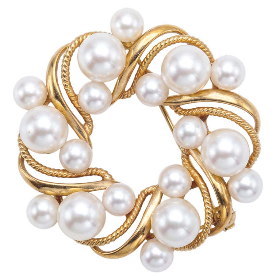 14k Gold Mikimoto Akoya Pearl Wreath Brooch