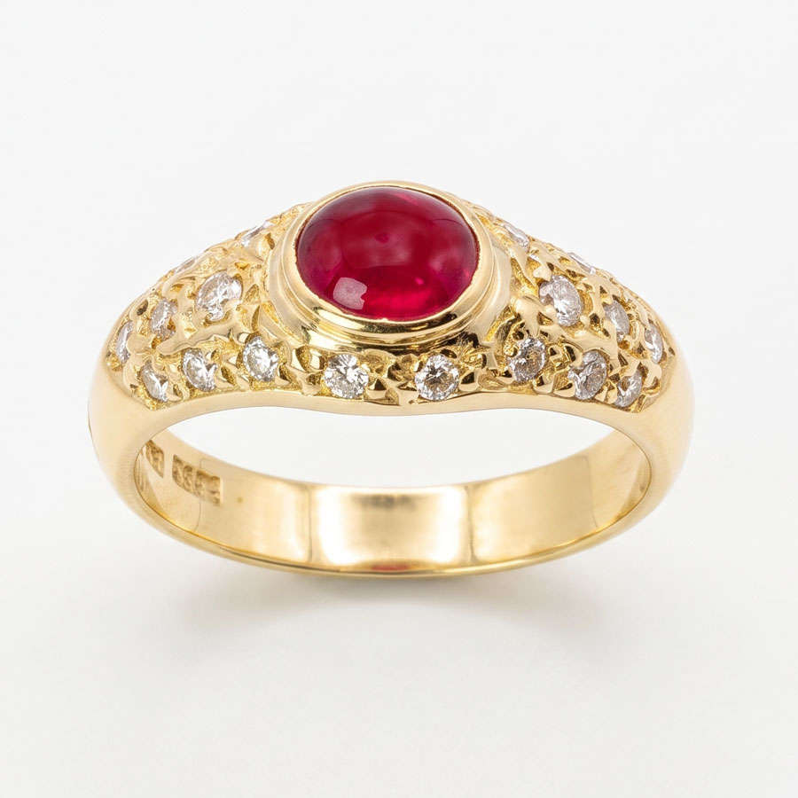 18ct Gold Solitaire Cabochon Ruby and Diamond Ring
