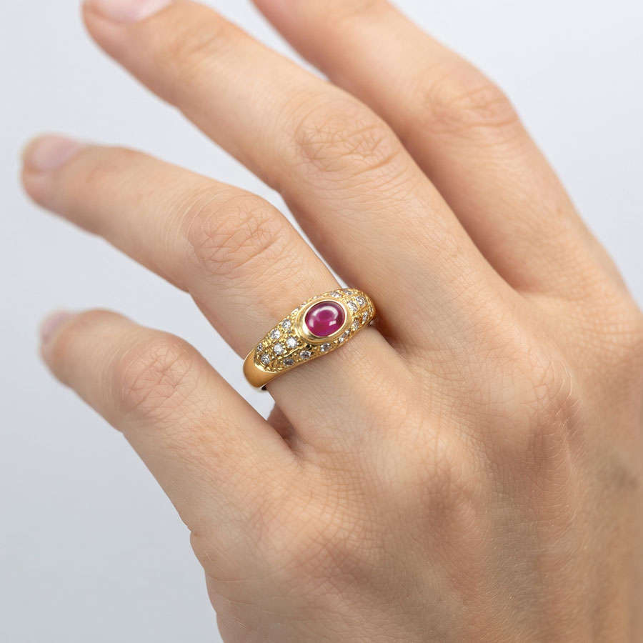 18ct Gold Solitaire Cabochon Ruby and Diamond Ring
