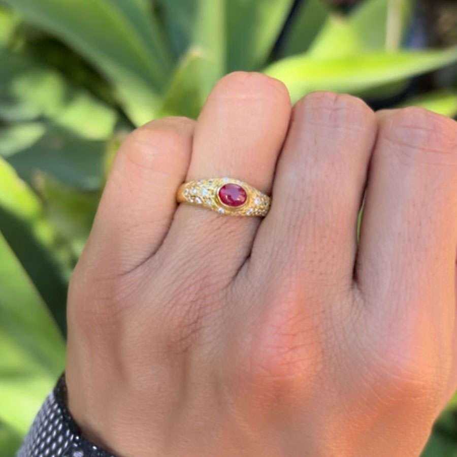 18ct Gold Solitaire Cabochon Ruby and Diamond Ring