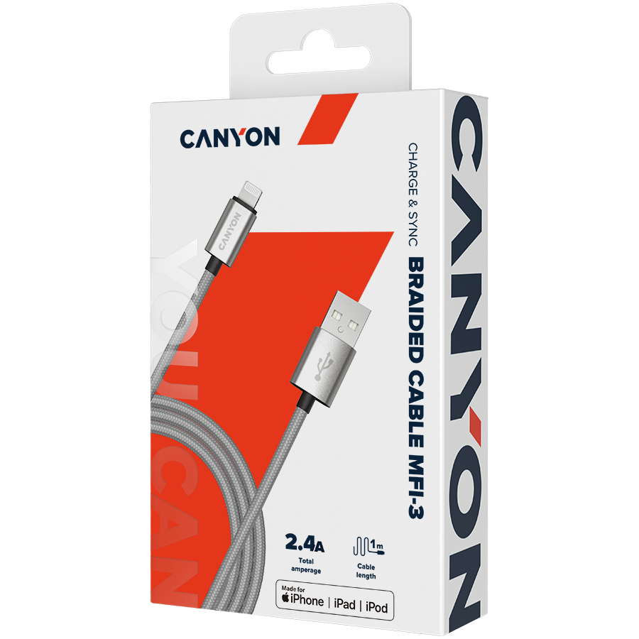 CANYON cable MFI-3 Lightning 12W 1m Grey