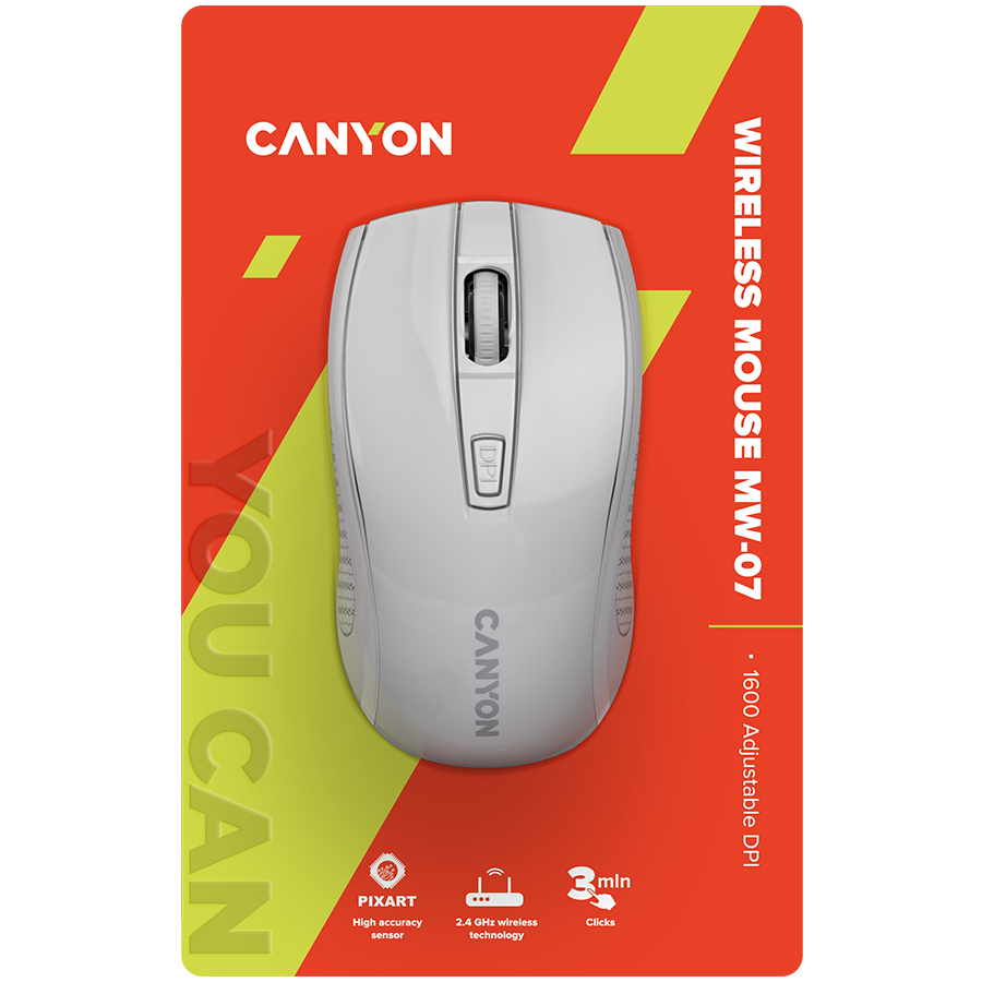 CANYON MW-7, 2.4Ghz wireless mouse, 6 buttons, DPI 800/1200/1600, with 1 AA battery ,size 110*60*...