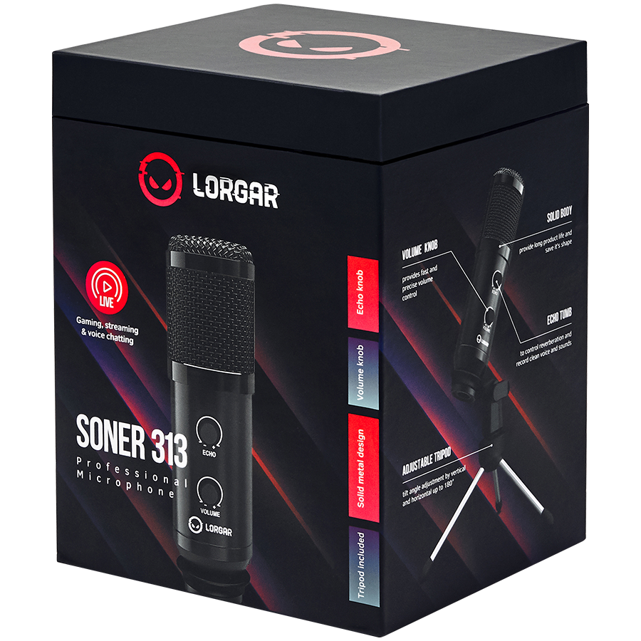 LORGAR Soner 313, Gaming Microphones, Black, USB condenser microphone with Volume Knob & Echo Kob...