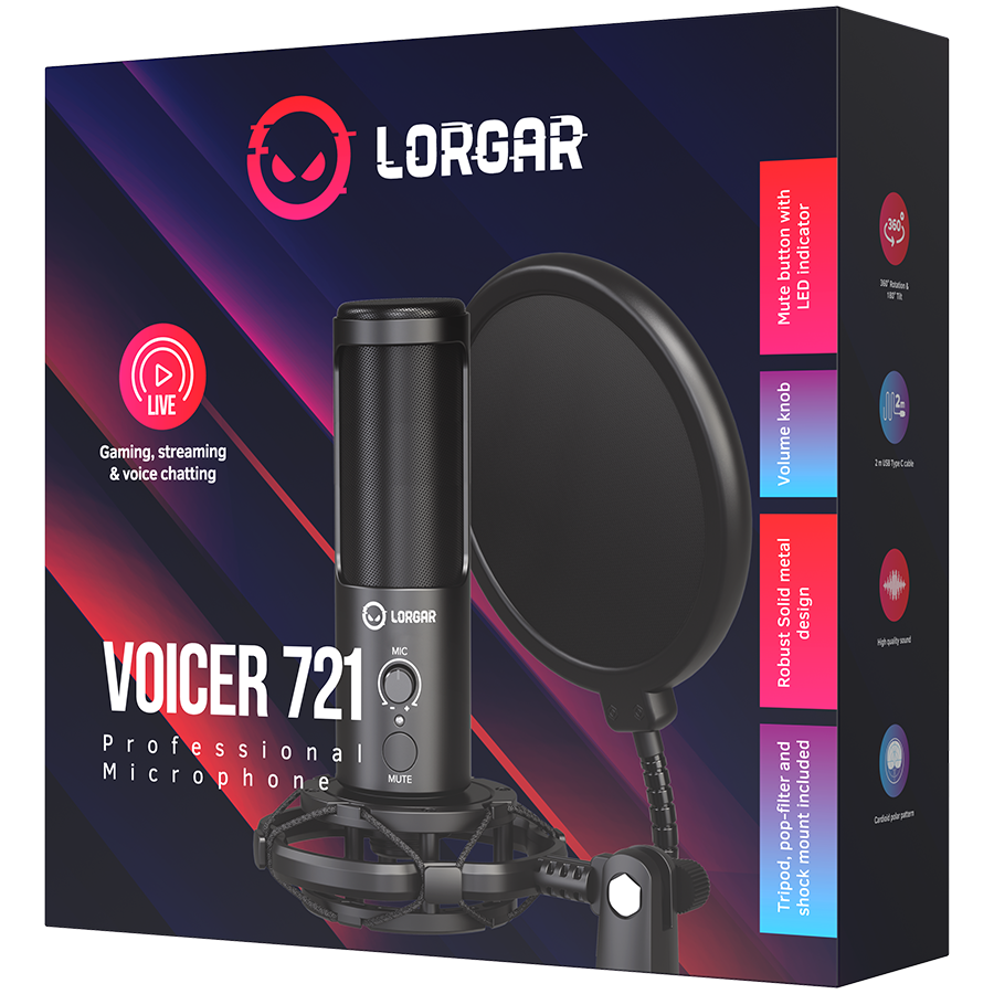 LORGAR Voicer 721, Gaming Microphone, Black, USB condenser microphone with tripod stand, pop filt...