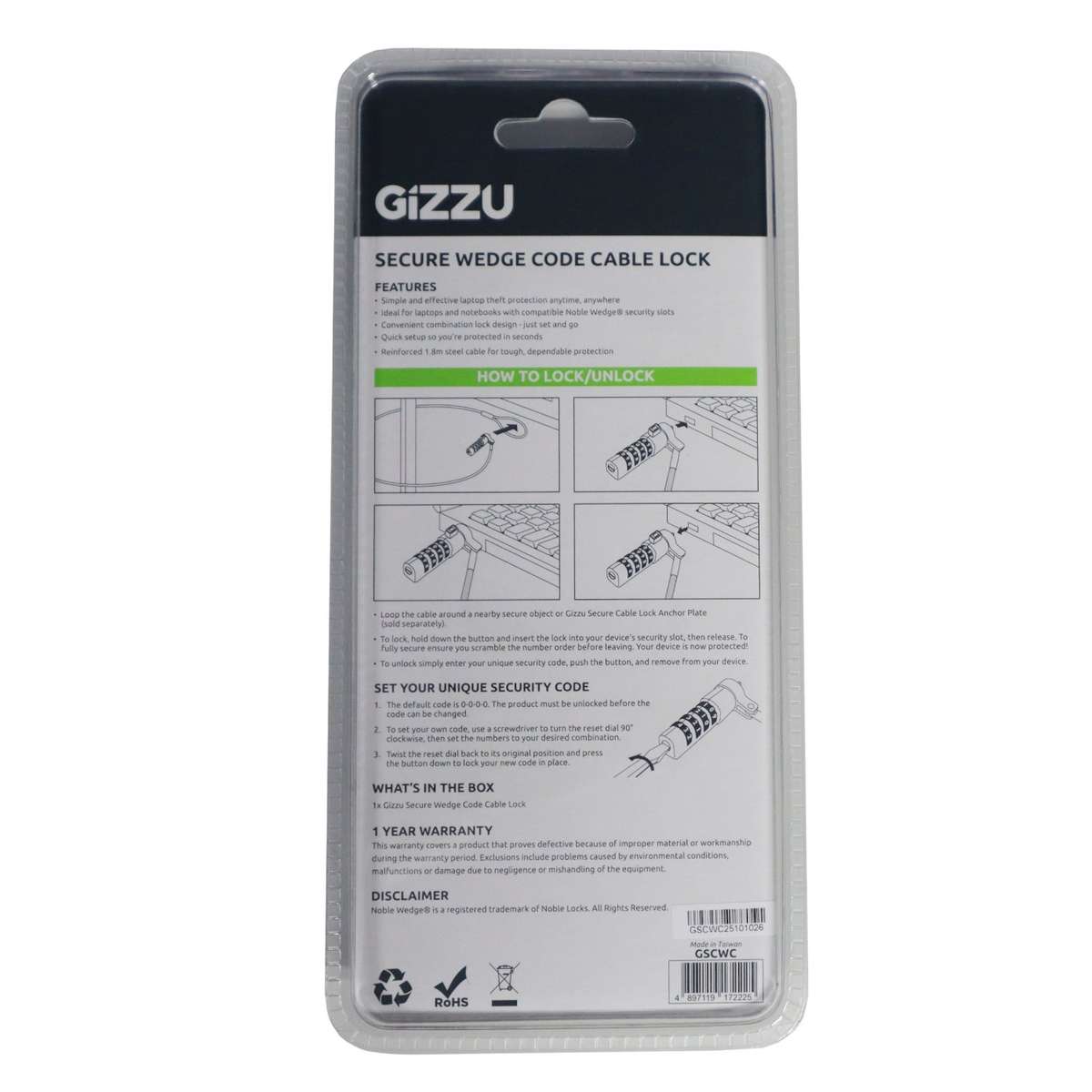 Gizzu Secure Wedge Code Cable Lock 1.8m