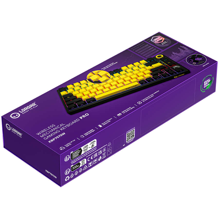 LORGAR KBP7075W, Wireless 75% Mechanical Gaming Keyboard Pro, Black/yellow, EN layout
