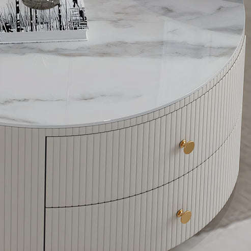 Modern Nesting Round Glass Top Coffee Table with Marble Top 2 Drawer Table