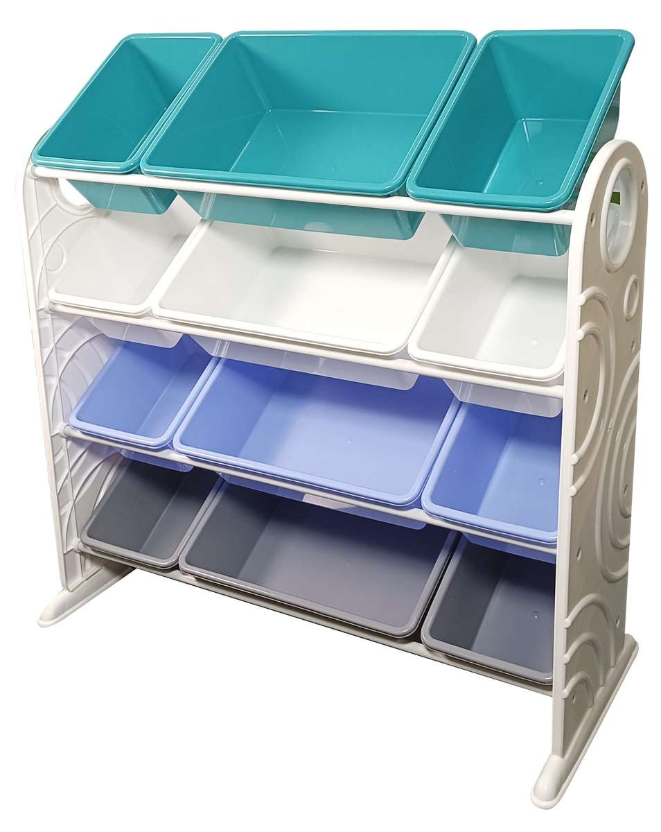 12 Bin Storage Organiser - Grey &amp; Blue with White Frame
