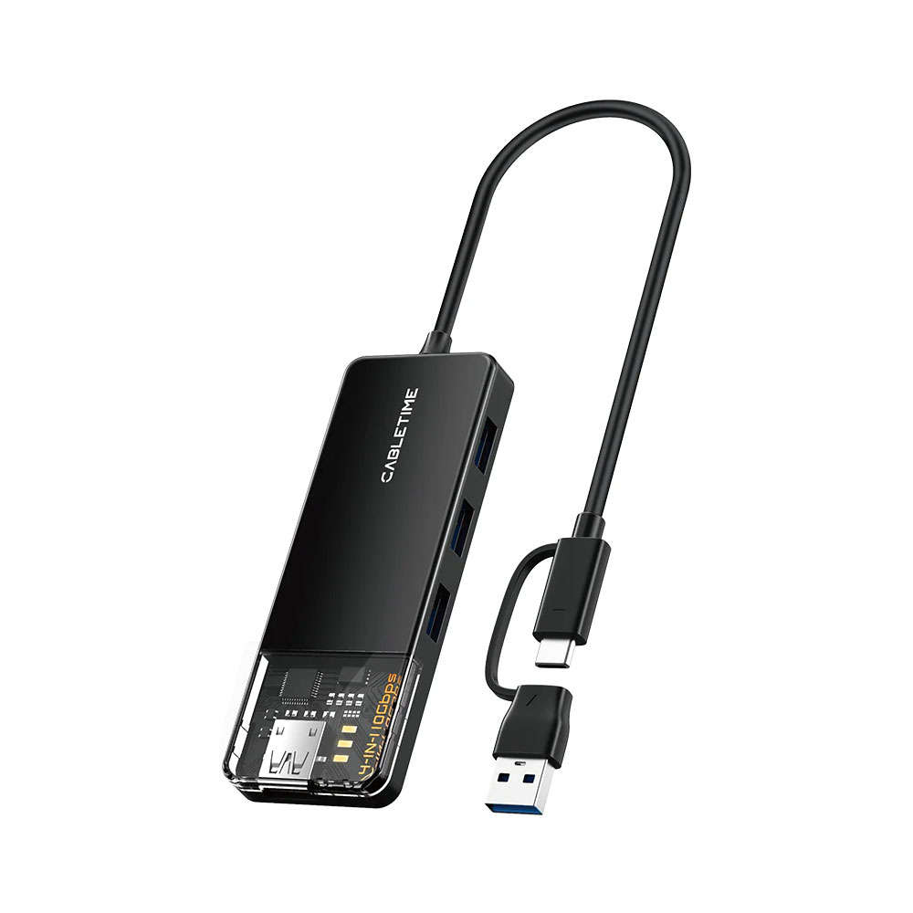 CABLETIME CB05B 20CM 4-PORT USB3.2 10GBPS HUB WITH USB TYPE-C/A ADAPTER (CT-HUBT5-PB)