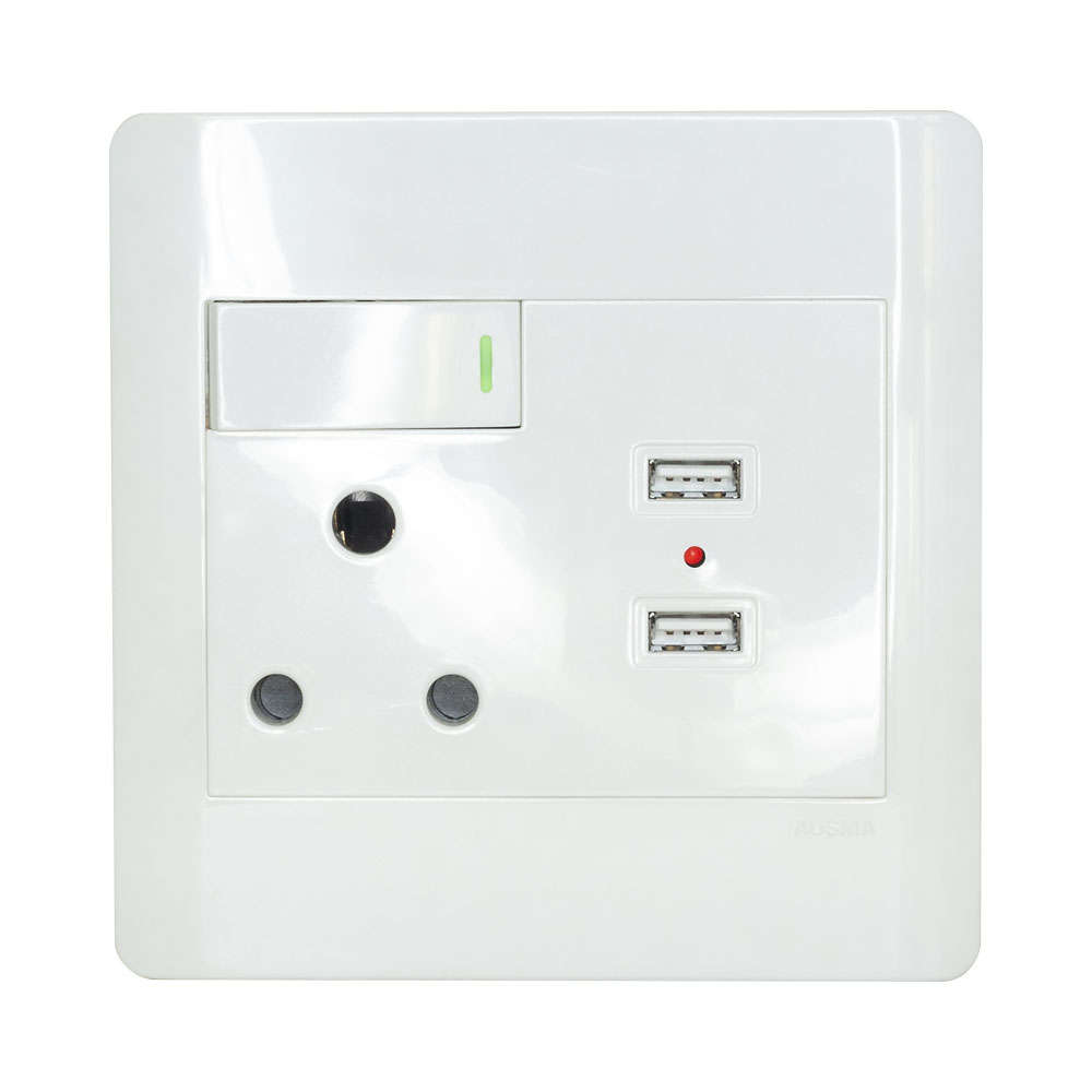 SINGLE WALL SOCKET (16A X1), (2X 2.1A USB) S001-B