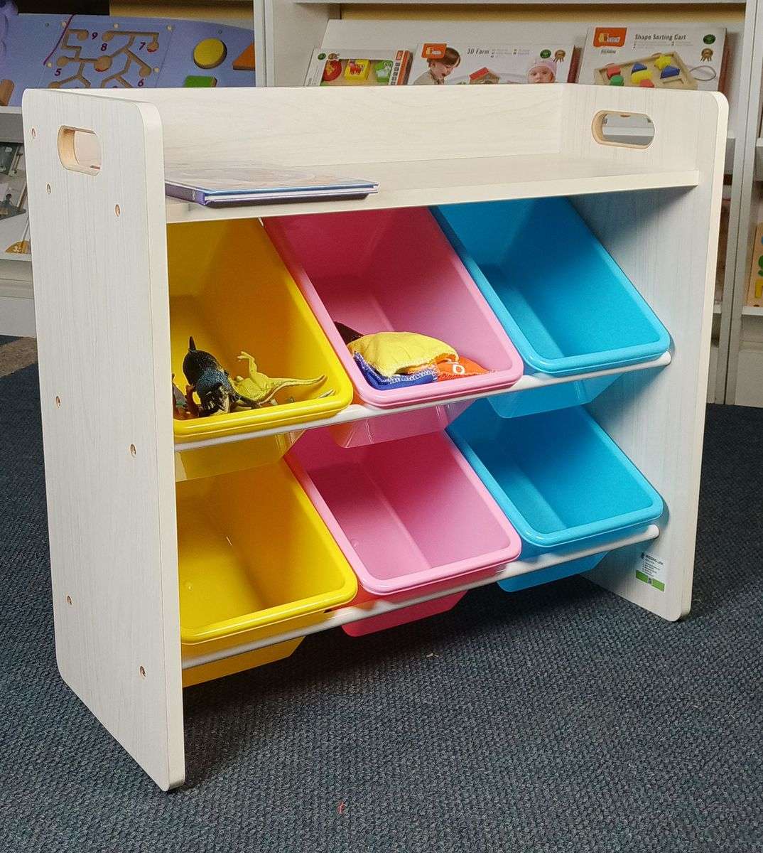 6 Bin Storage Organiser with Top Shelf and Wooden Frame
