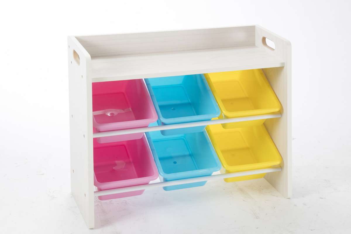 6 Bin Storage Organiser with Top Shelf and Wooden Frame