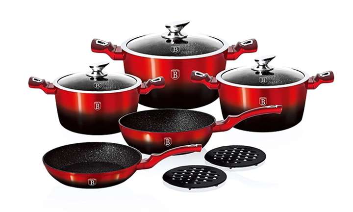 Berlinger Haus 10 Pieces Marble Coating Metallic Line Cookware Set - Burgundy + Black