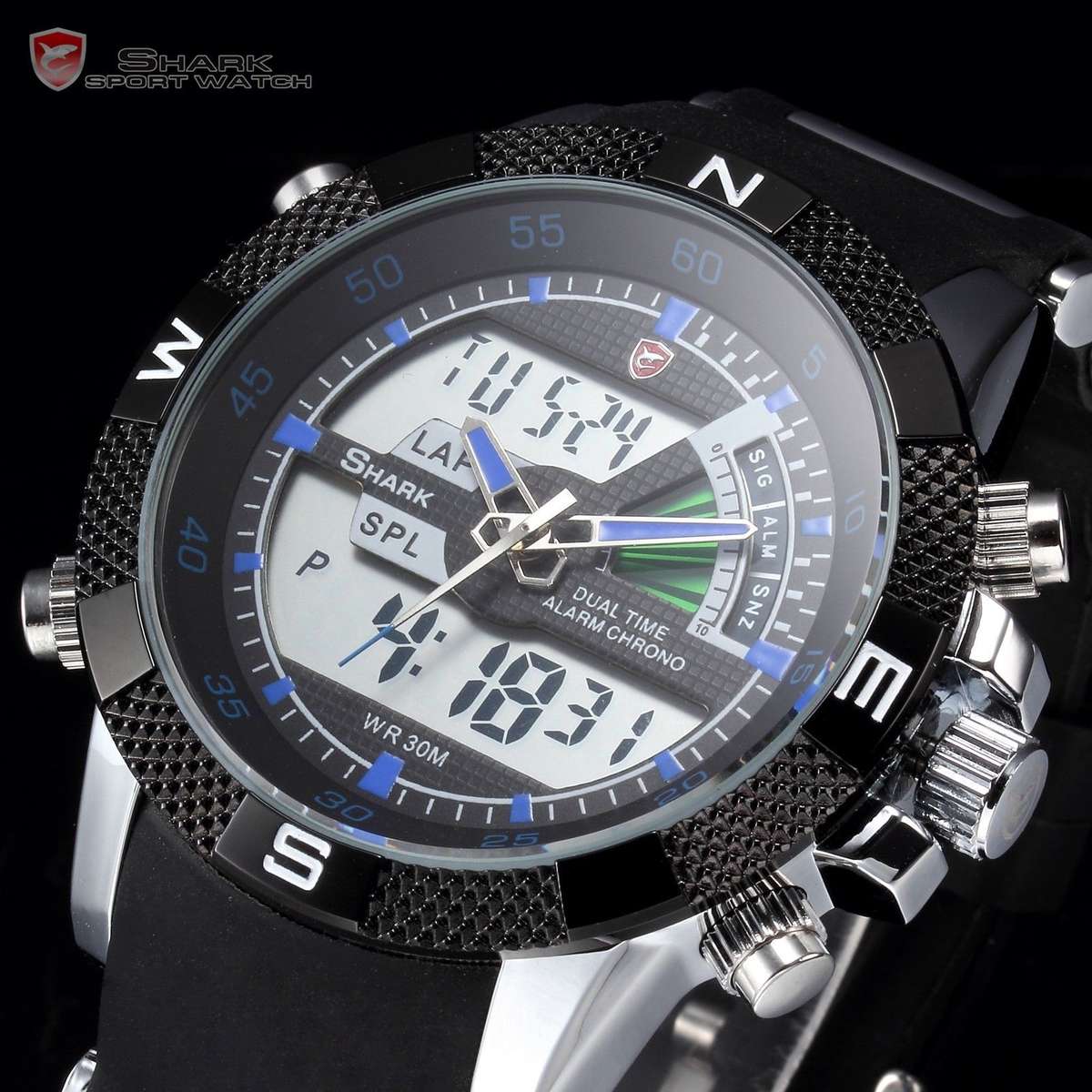 SHARK DUAL LED CHRONOGRAPH PORBEAGLE WATCH W/ BOX, PAPERS, LOADED!!