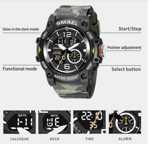 Smael Military Style Mens Camo strap Dual Display Water Resistant  Watch