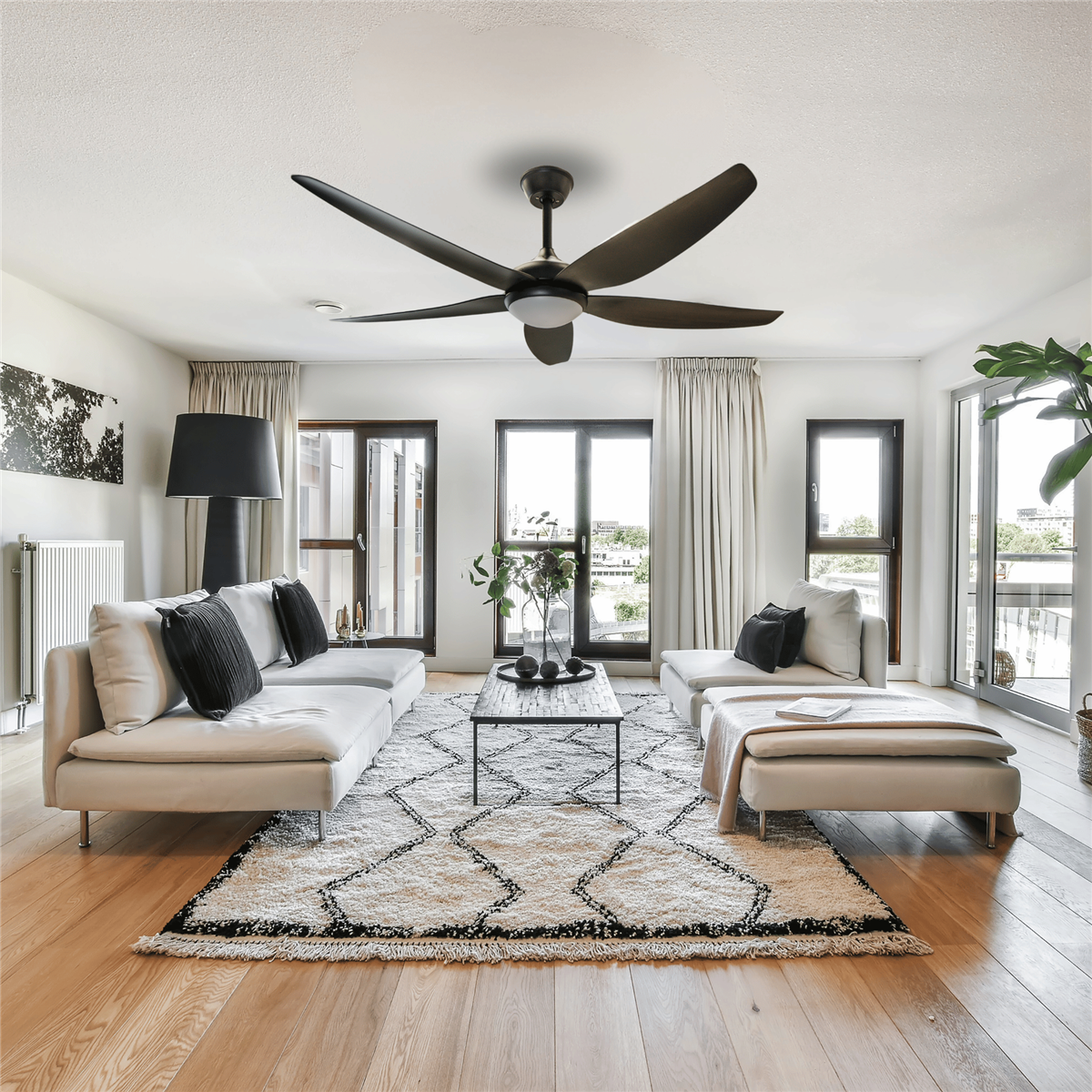 52 Inch 5 Black Blades Ceiling Fan with Light and Remote