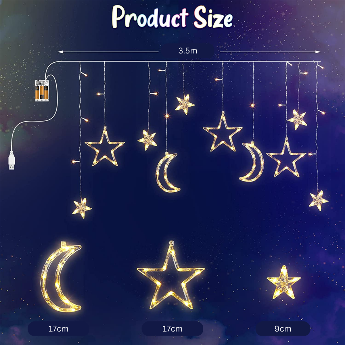 LED Moon and Star Curtain String Lights (Battery or Plug-in)