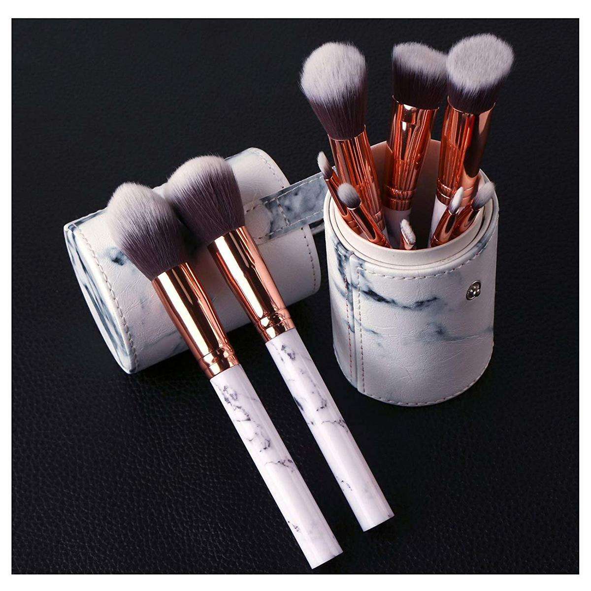 Glam Beauty - Make Up Kit With 10 Brushes In Cylinder Case - White Marble