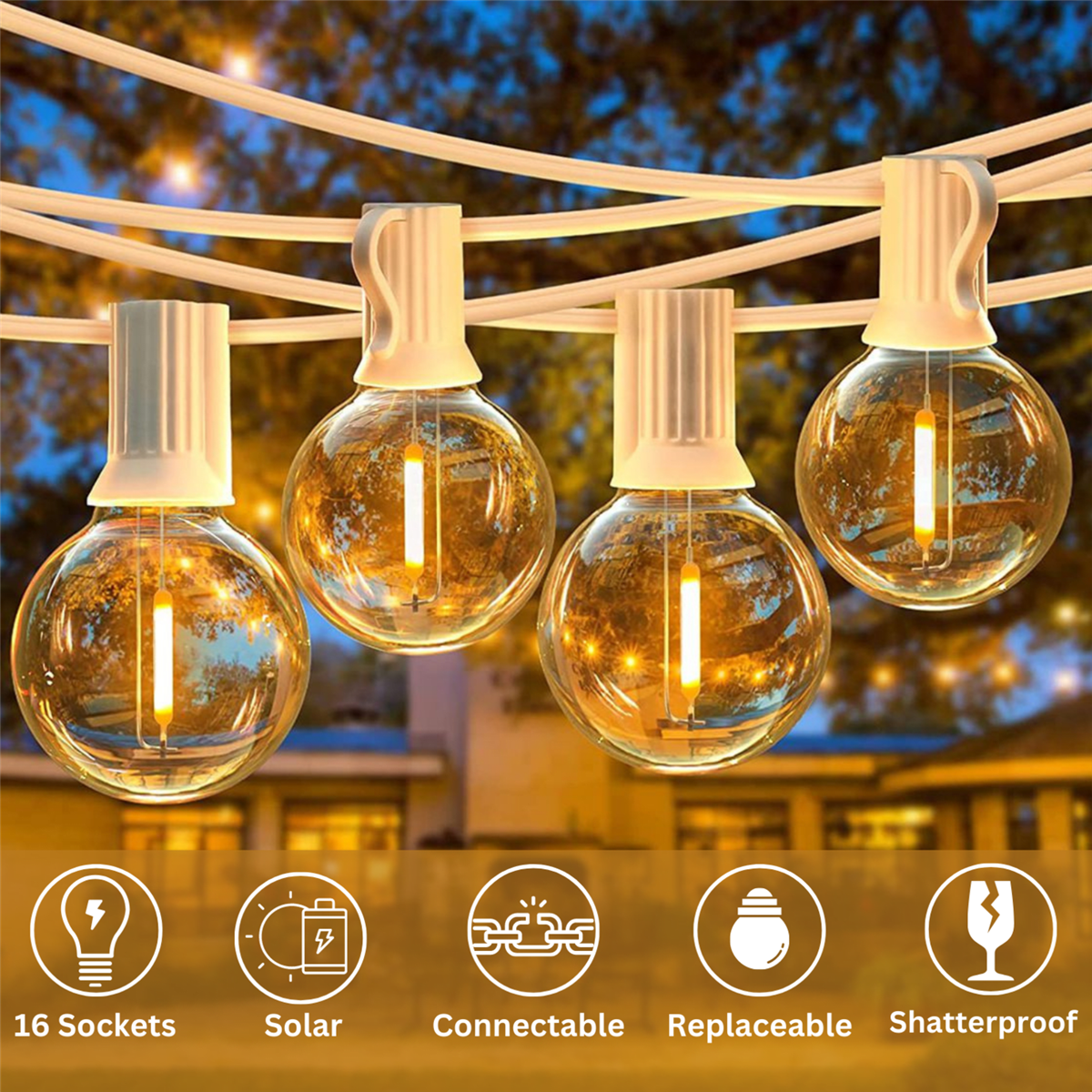5m Solar 16 LED Bulbs String Lights |  Classic White Cable