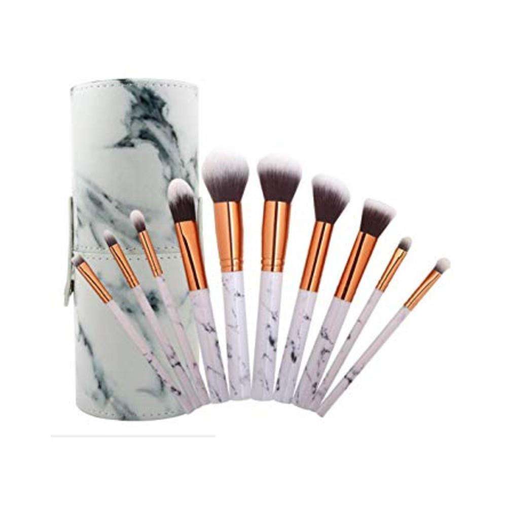 Glam Beauty - Make Up Kit With 10 Brushes In Cylinder Case - White Marble
