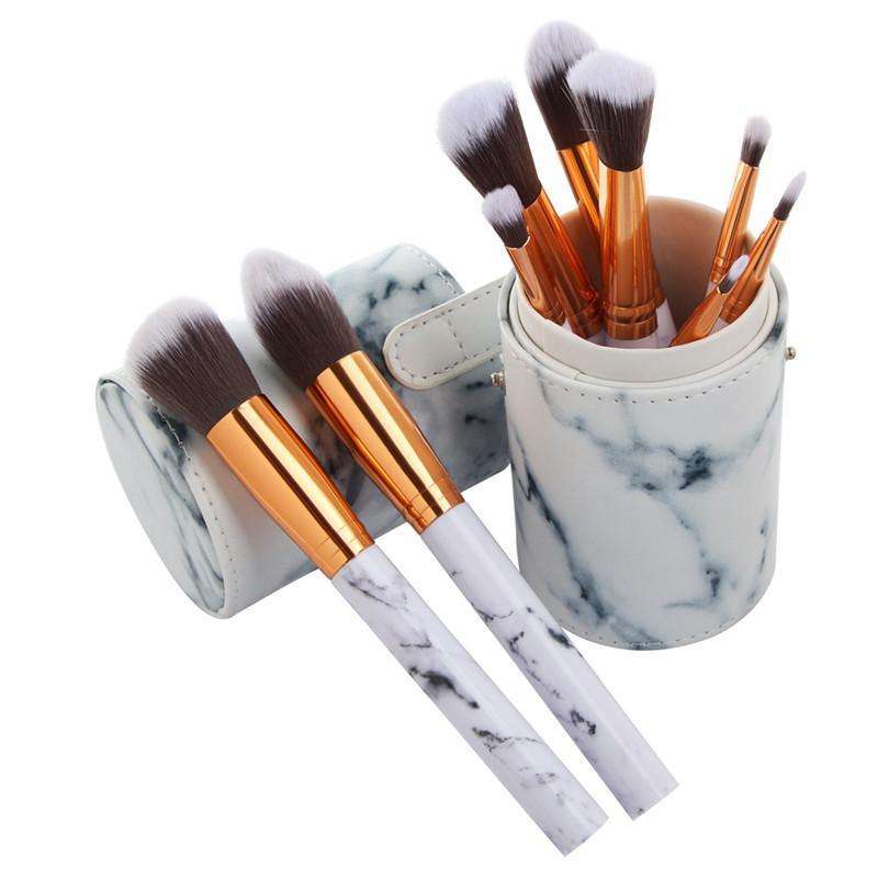 Glam Beauty - Make Up Kit With 10 Brushes In Cylinder Case - White Marble