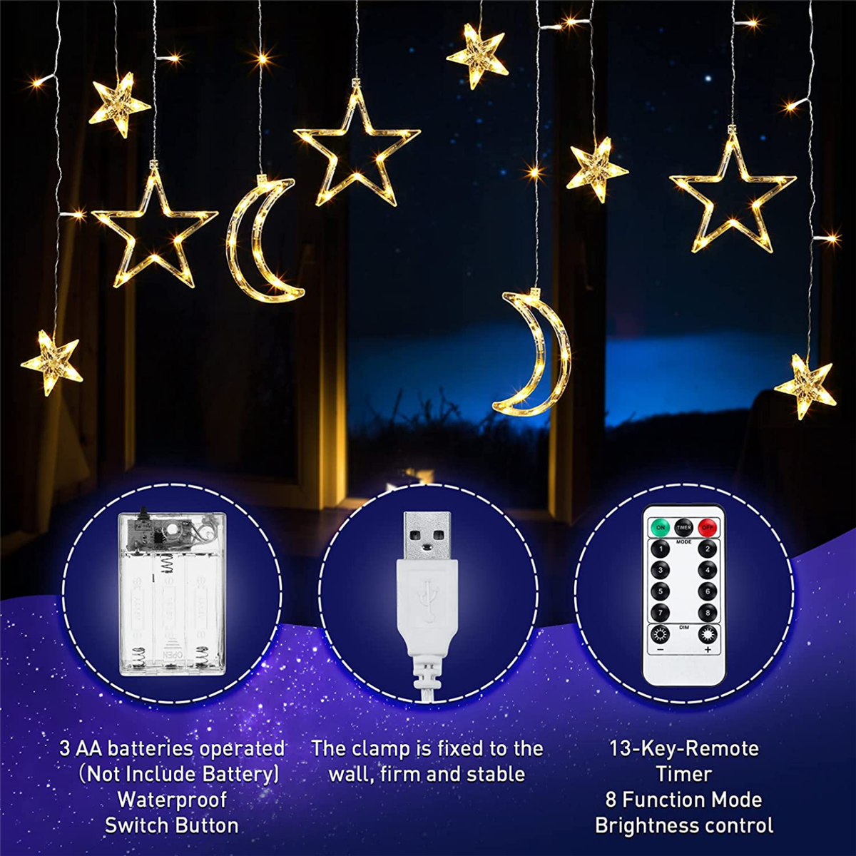 LED Moon and Star Curtain String Lights (Battery or Plug-in)