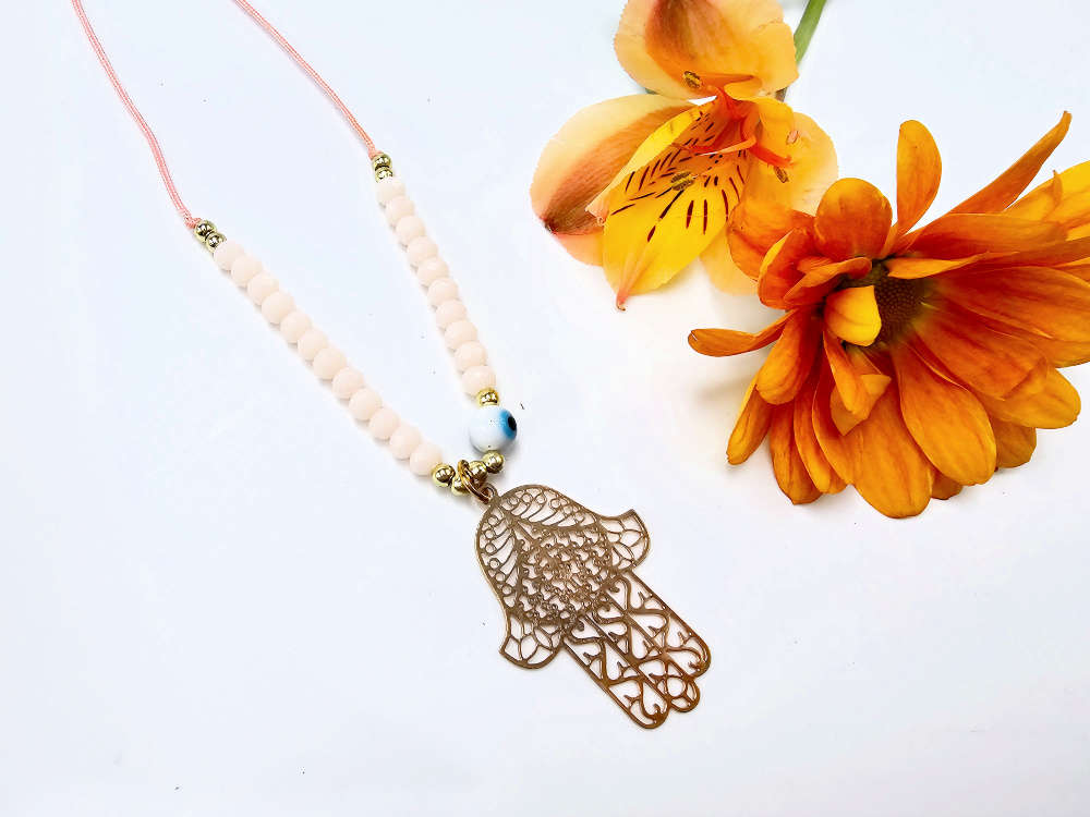 Hamsa Hand Necklace Pink Evil Eye (Gold)