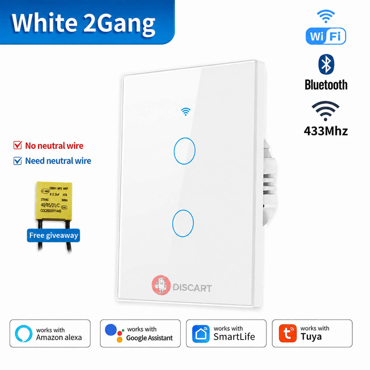 Tuya Smart WiFi Wall Switch  2 Channels, White