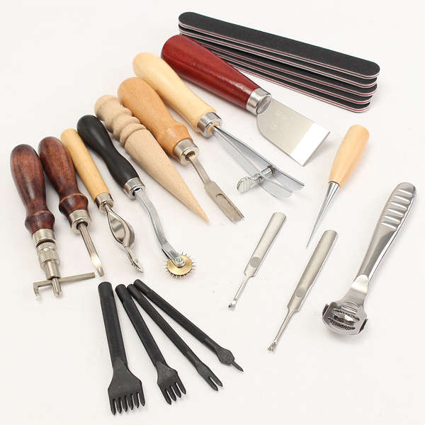 20pcs Wood Handle Leather Craft Tool Kit Leather Hand Sewing Tool Punch Cutter