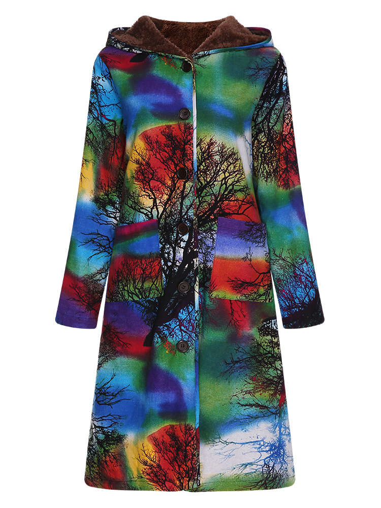 Gracila Vintage Women Printed Long Sleeve Fleece Lined Hooded Coat