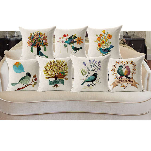 Honana 45x45cm Home Decoration Flower and Bird 7 Optional Patterns Cotton Linen